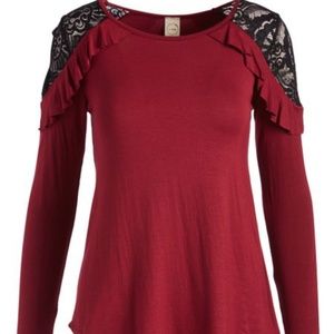 Wine red black lace accented Christmas top